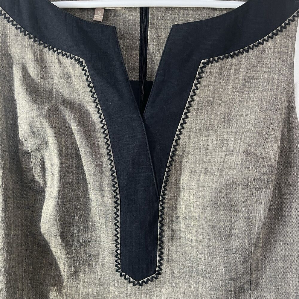 Tommy Bahama Gray Chambray Shift Dress 16 Sleeveless Split Neck Contrast Stitch - Picture 3 of 15